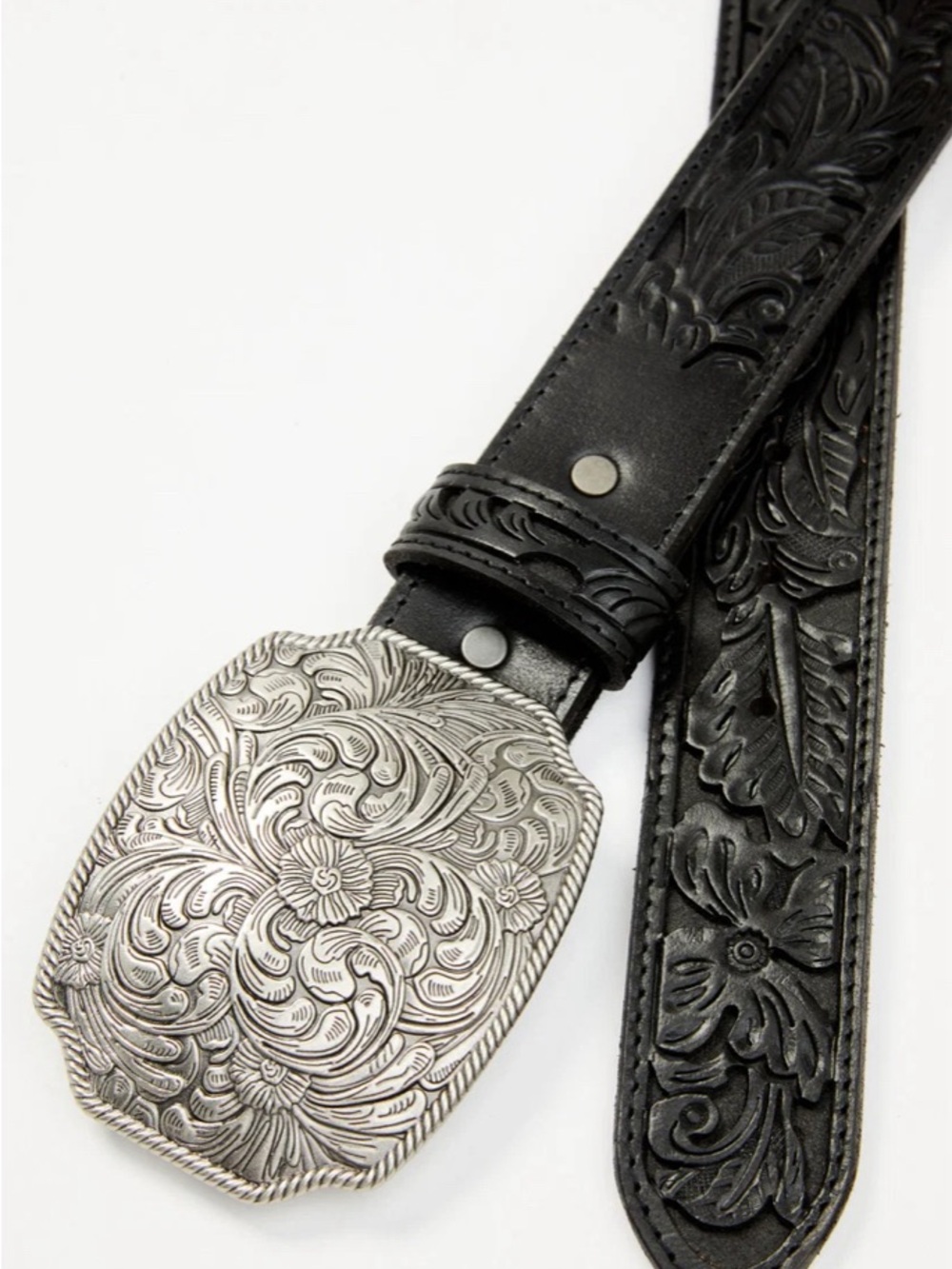 Idyllwind Black Floral Tooled Leather Belt with Ornate Silver Buckle - Picture 2 of 2